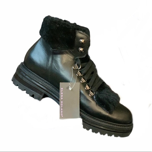 Last HTF Elena Solano Fur Leather Black Combat Ankle Boot NWT - Picture 12 of 12